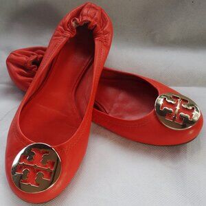TORY BURCH Size 8 MINNIE Travel Ballet Flats, bright orange leather